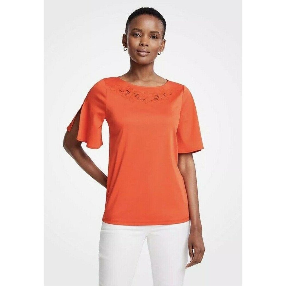 NWT Womens Ann Taylor S/S Orange Floral Applique Slit Sleeve Tee Top Sz Large
